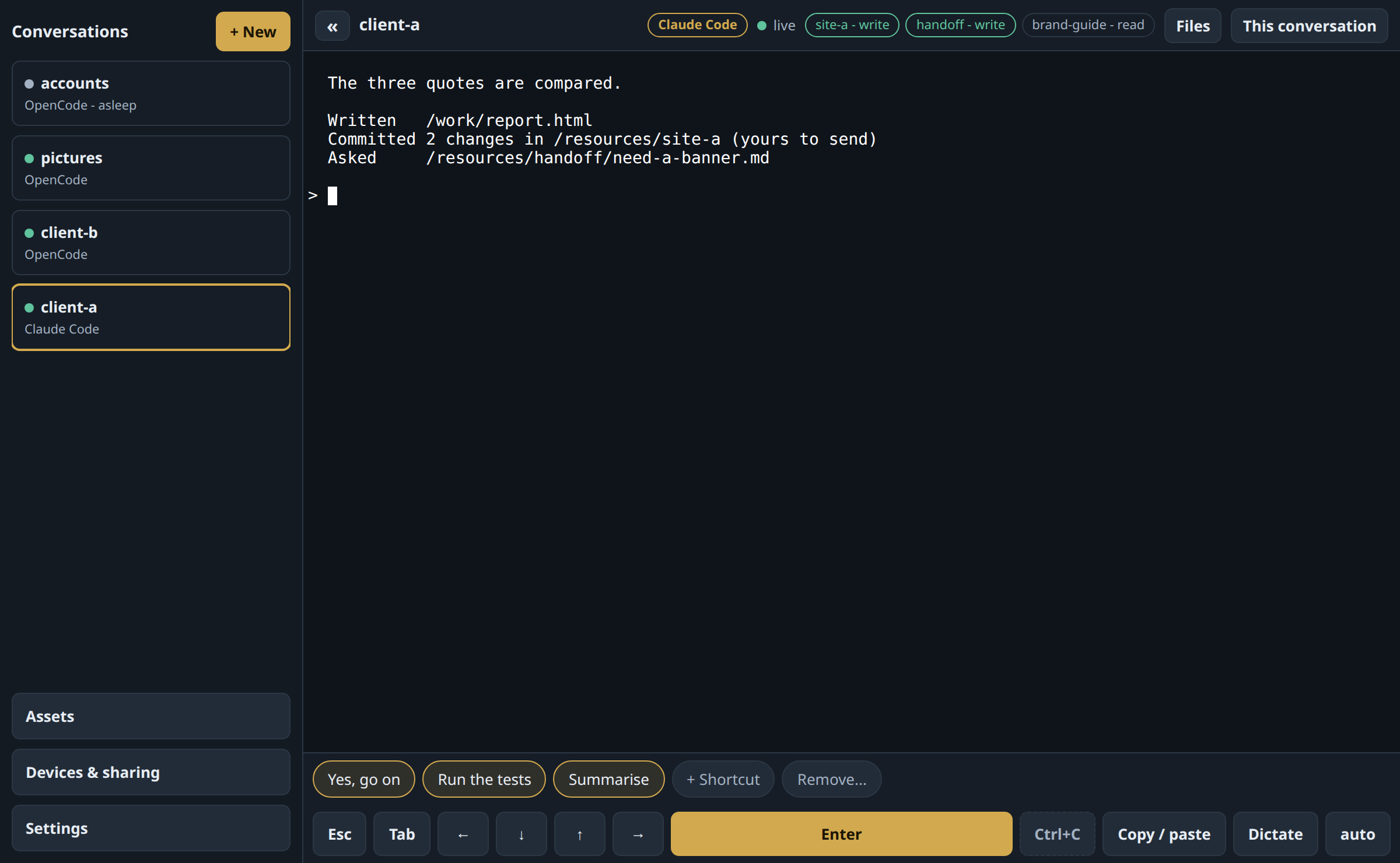 The page: four conversations on the left, each with its tool; on the right the terminal of one of them, with the folders it was given shown above it.