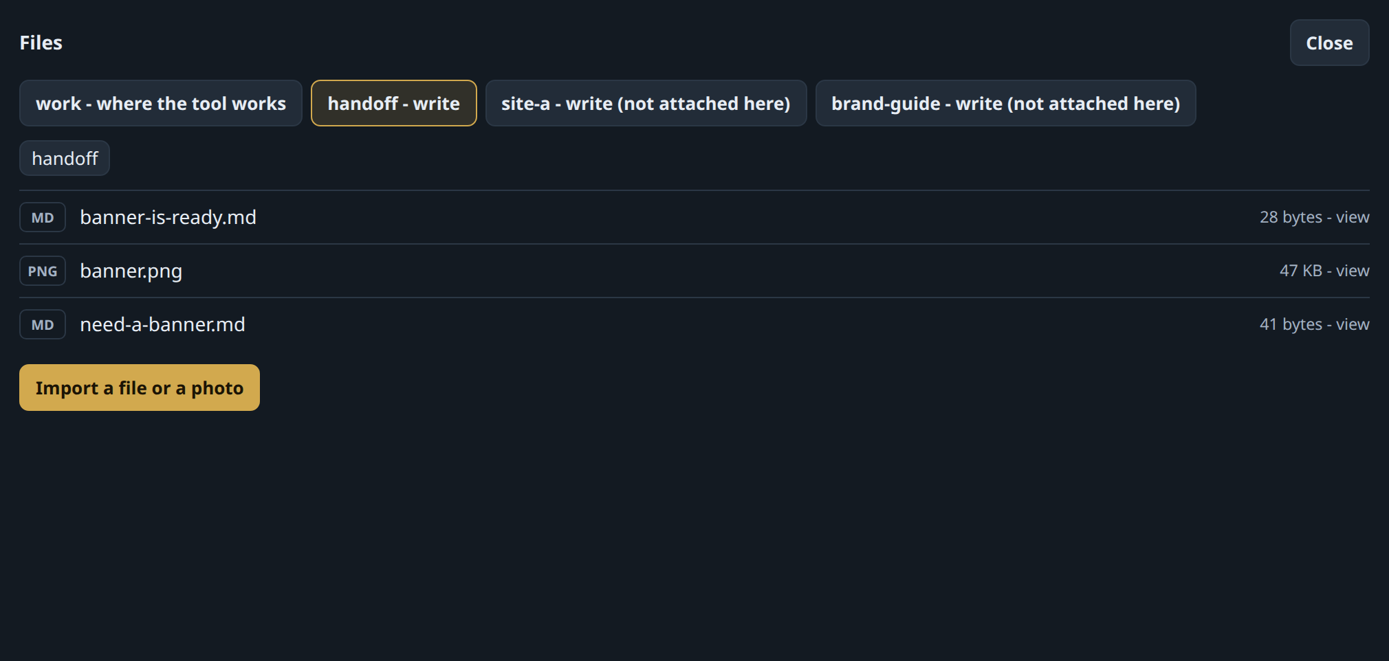 A folder two conversations share: a request written by one agent, then the picture and the answer left by the other.