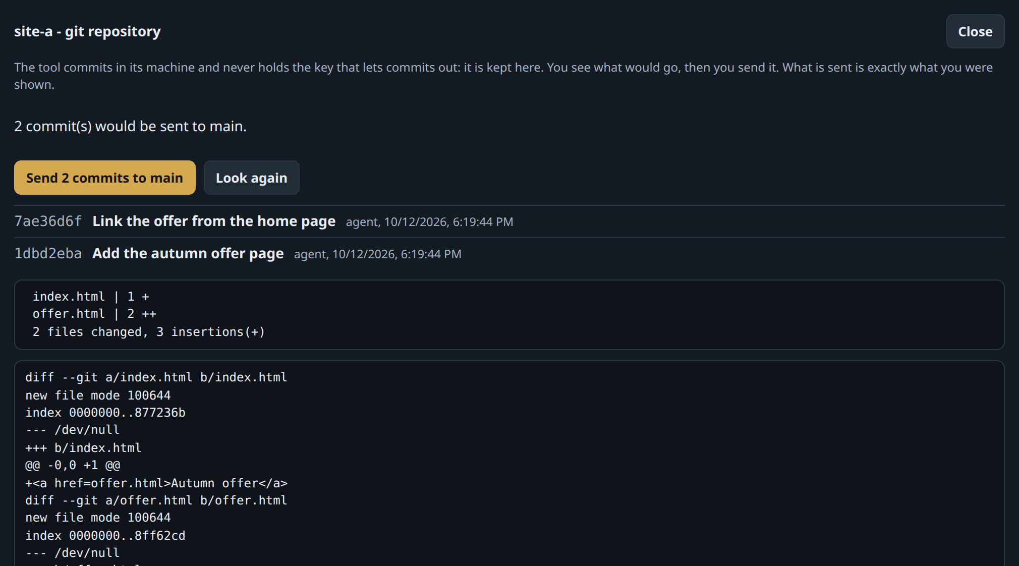 Two commits made by the agent, with their changes, and one button: send 2 commits to main.